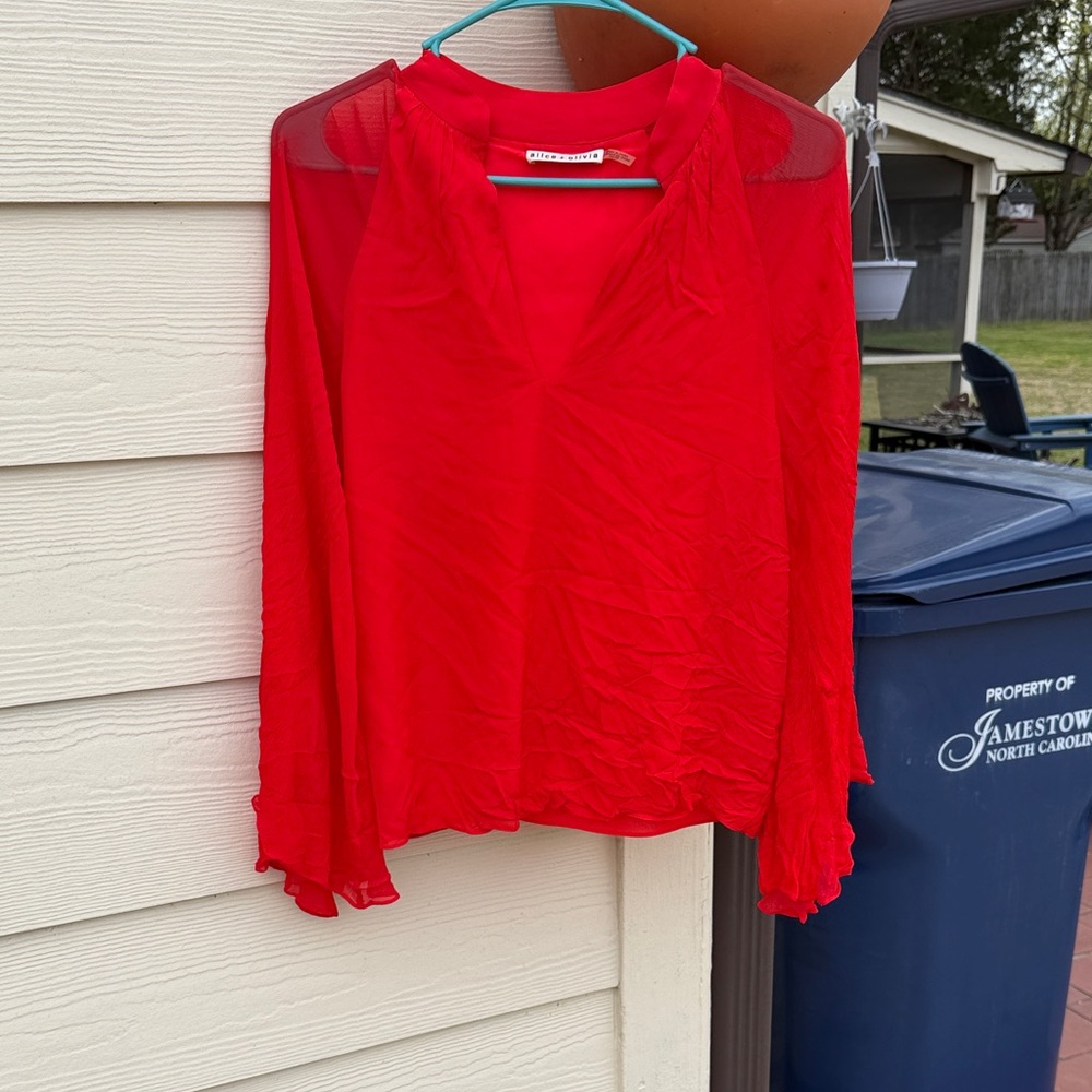 Alice + Olivia  Bright Red Sheer-Sleeve V-Neck Balloon Sleeve Blouse Size XS